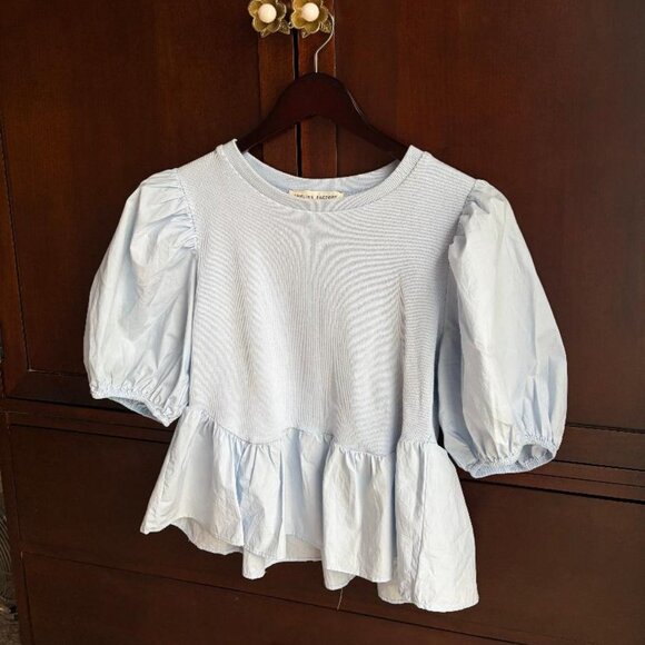 English Factory Tops - English Factory Blue Puff Sleeve Top‎ Preppy Classic